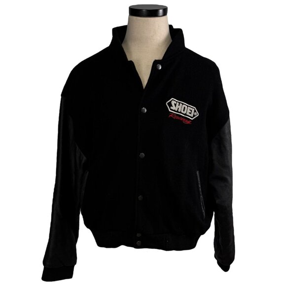 Vintage Shoei Racing 90's XL Black Wool & Leather Bomber Jacket - Picture 3 of 14